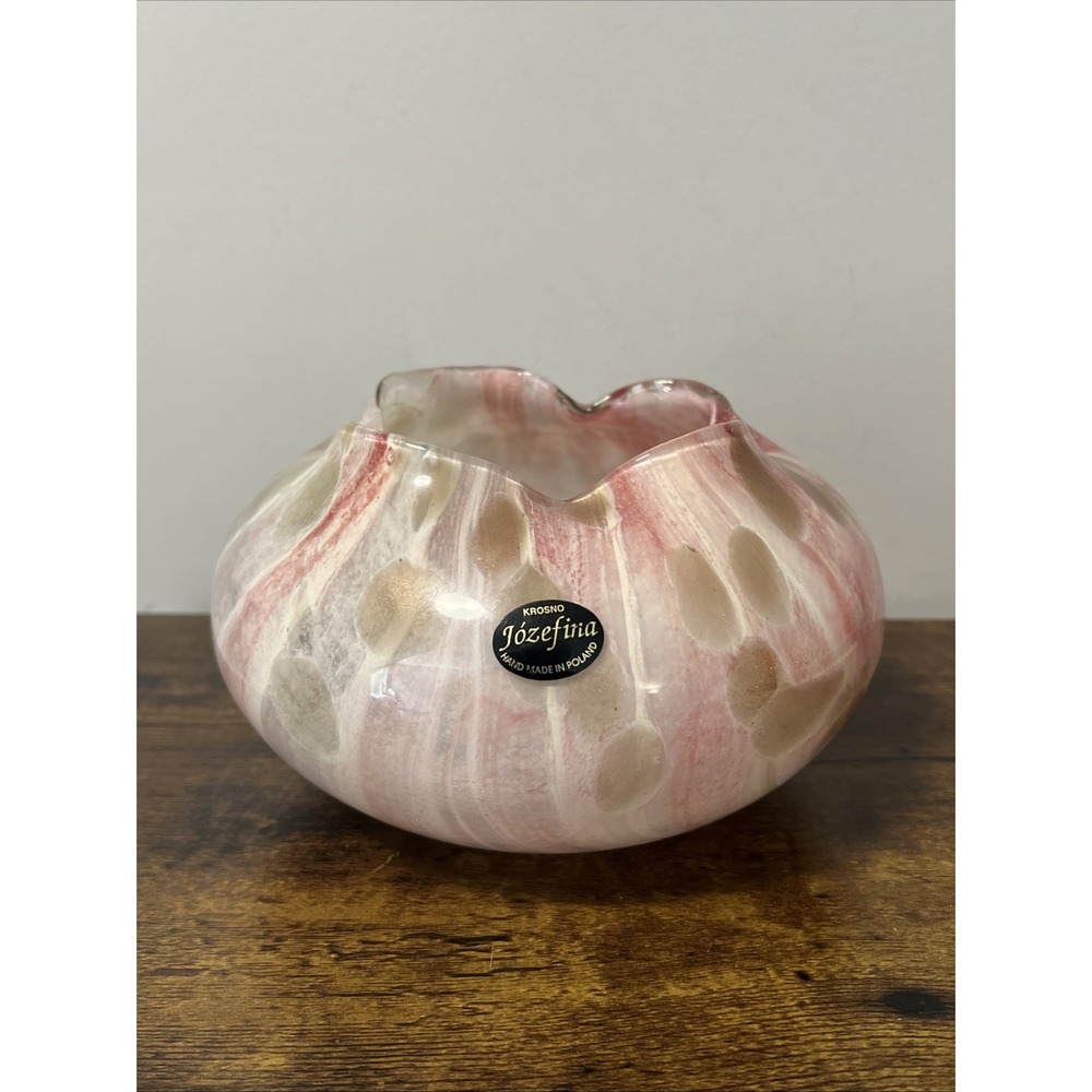 Józefina Krosno Hand Blown Art‎ Glass Bowl/Vase Made In Poland, Ruffled Rim PINK